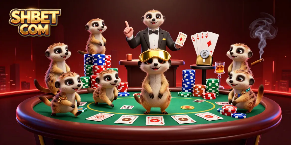 Experience thrilling action at SHBET COM, where meerkats manage a lively casino operation, showcasing poker excitement.