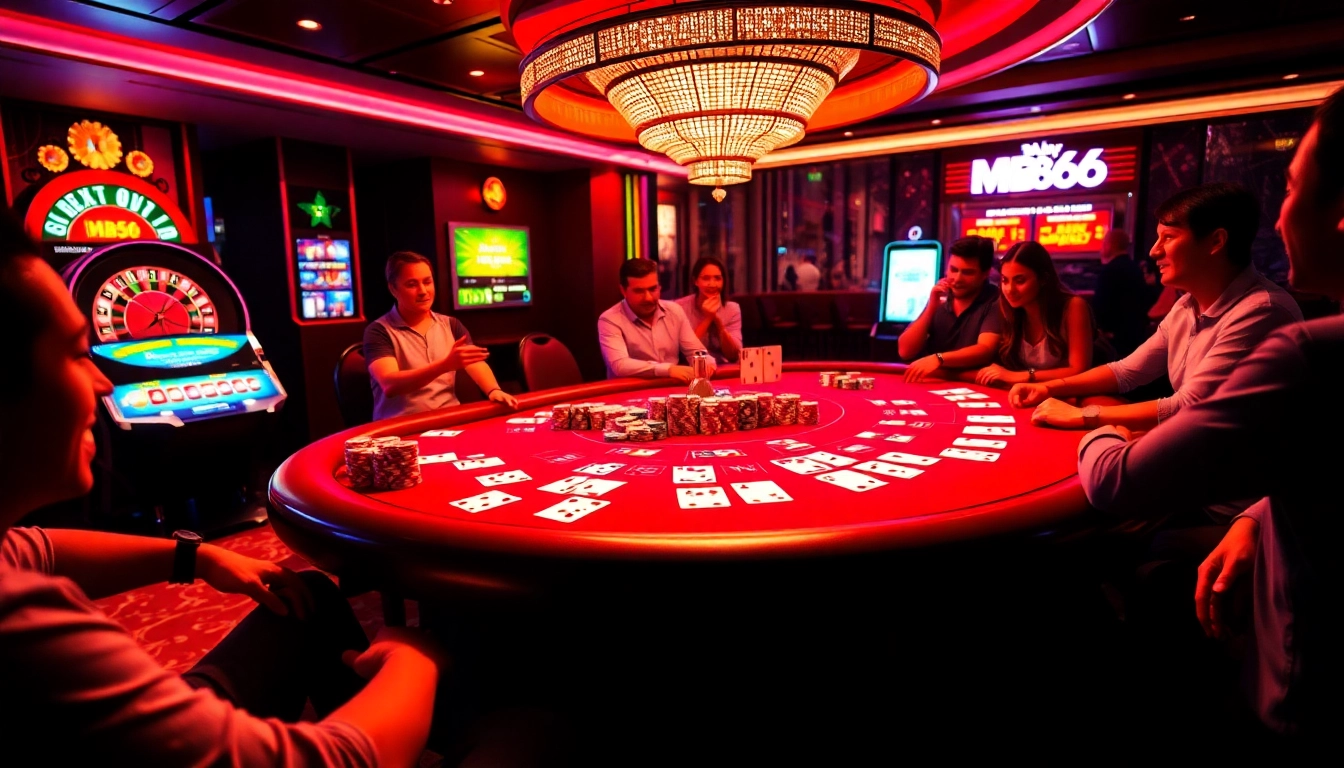 Players enjoying a thrilling poker game at MB66 Casino, showcasing excitement and luxury.