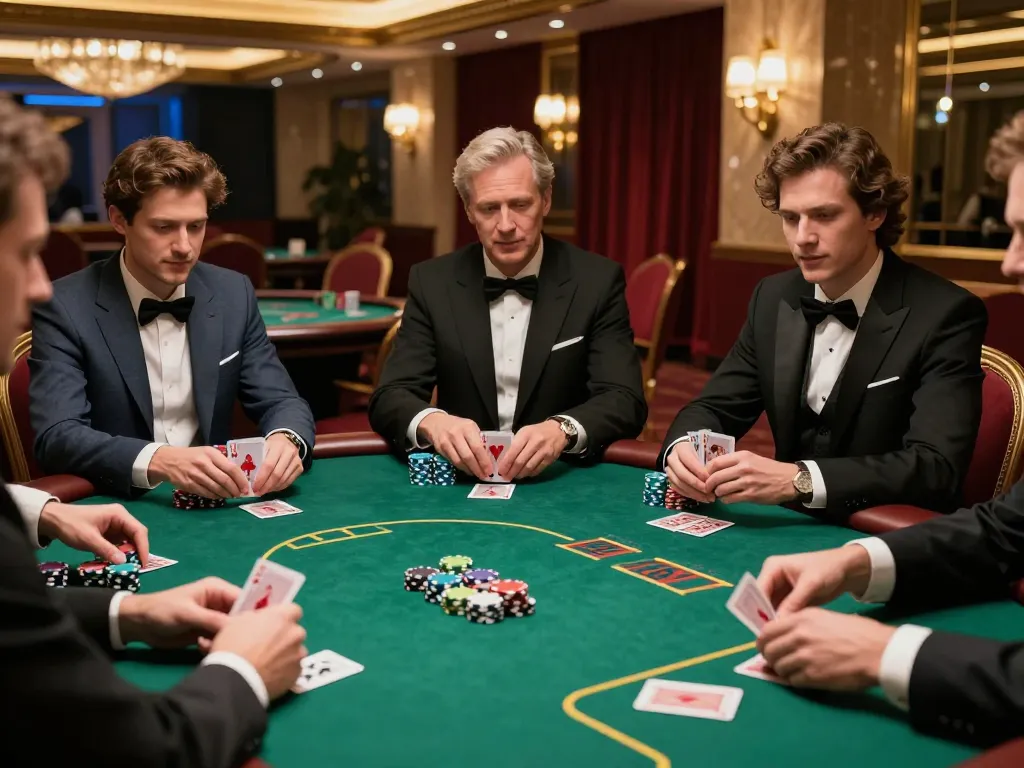 Poker players focusing intently on their hands at a high-stakes af88 table, showcasing strategic gameplay and luxury.