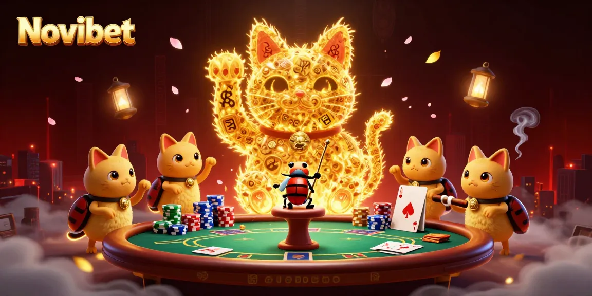 Novibet shines with golden fireflies and poker elements in this vibrant casino scene.