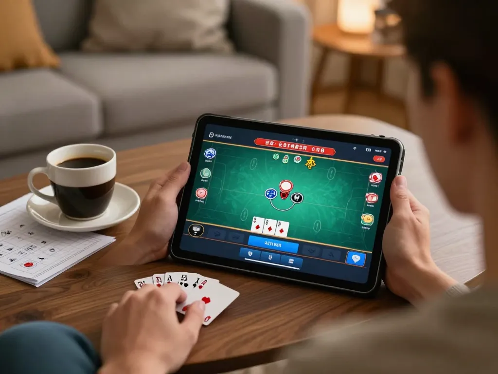 Player enjoying online games at cm88 com in a cozy home setting with strategy notes and coffee.