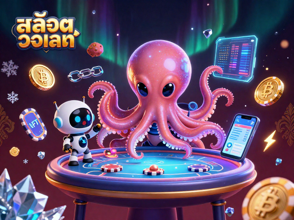 เล่นสล็อตวอเลท with a colorful alien octopus at a cosmic poker table, surrounded by neon crypto coins.