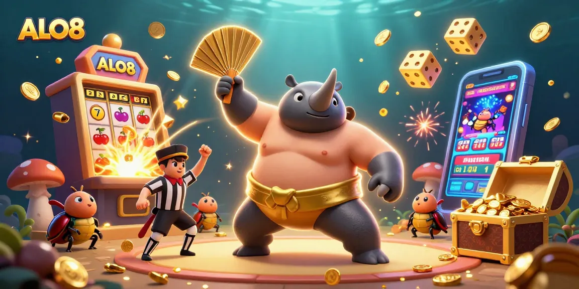 Experience thrilling wins at ALO8 with cartoon characters stomping gold coins amidst exciting casino elements.