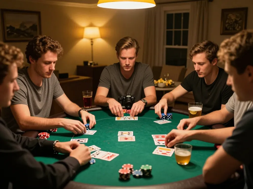 Engaged players enjoying a lively home poker game while discussing tin soi kèo strategies