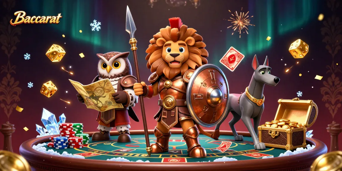 Baccarat table scene with characters in a dynamic online casino illustration, showcasing exciting gameplay.