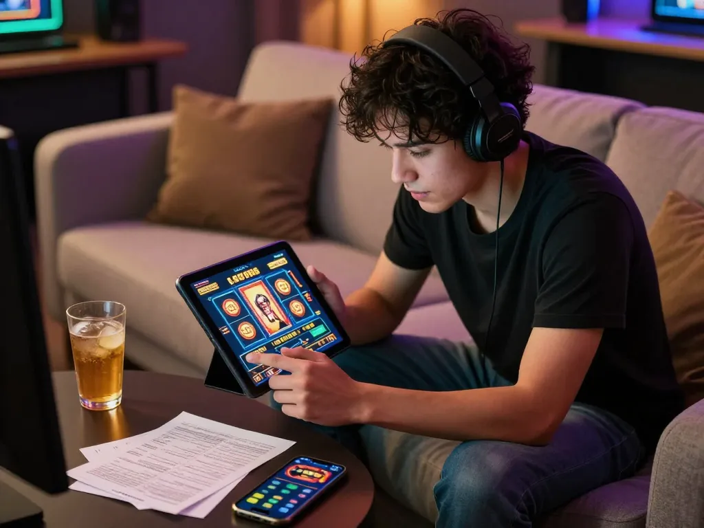 Engaging with slot88 online in a cozy living room, focusing on strategy and gameplay.
