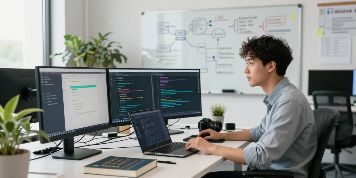 Developer exploring spicy AI applications in a vibrant workspace with dual monitors and creative tools