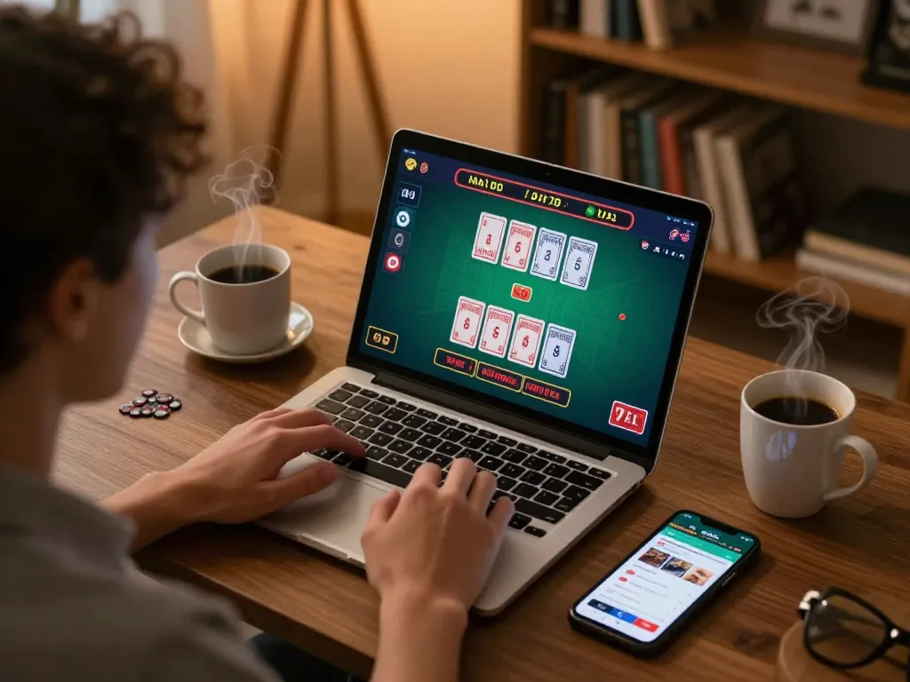 Player enjoying lsa online blackjack game on laptop while strategizing with mobile app.