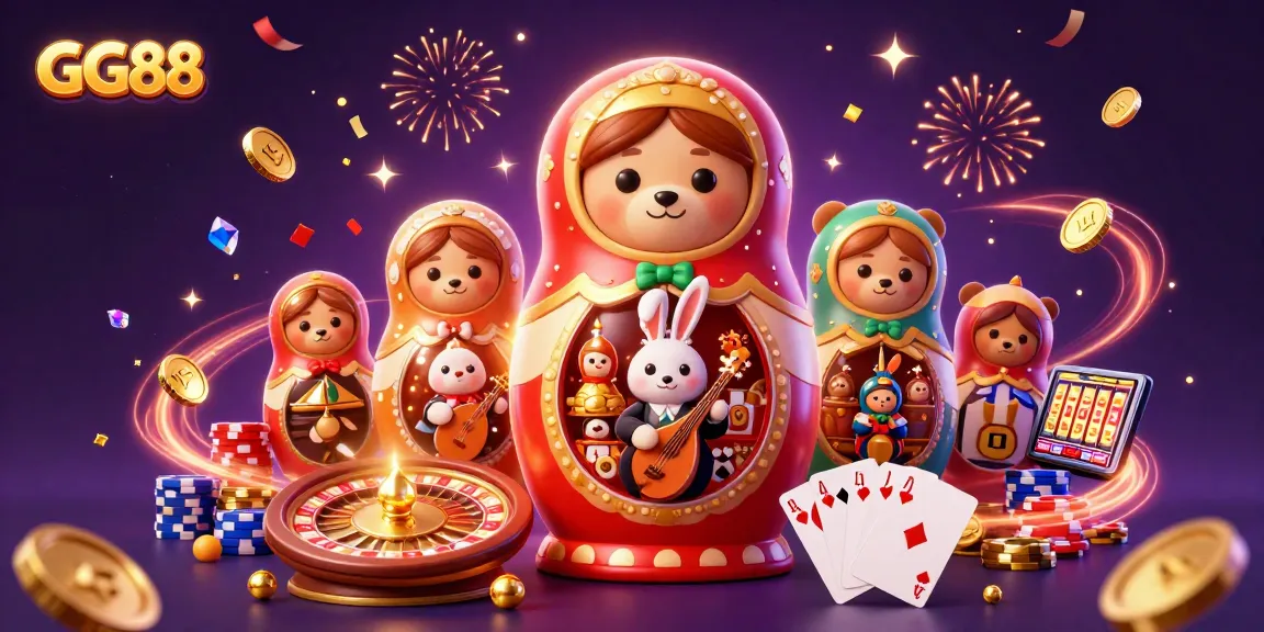 Experience GG88's vibrant casino world with a festive 3D illustration of bears and casino elements.