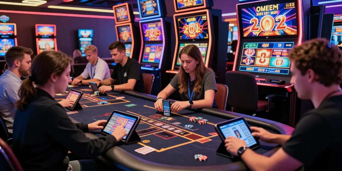 Exploring new online casinos UK for 2026, players engaged at a vibrant gaming table with digital devices.