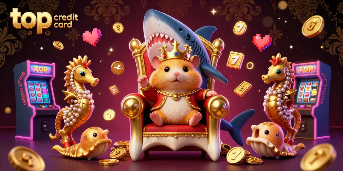Explore top credit card casinos with the golden hamster king and royal seahorse guards in a vibrant gaming scene