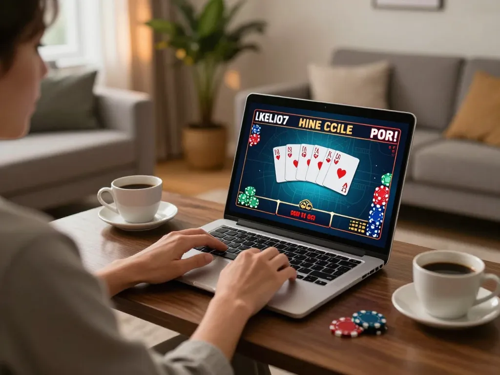 Player engaging in online casino gaming at home with MM88 link displayed on their laptop.