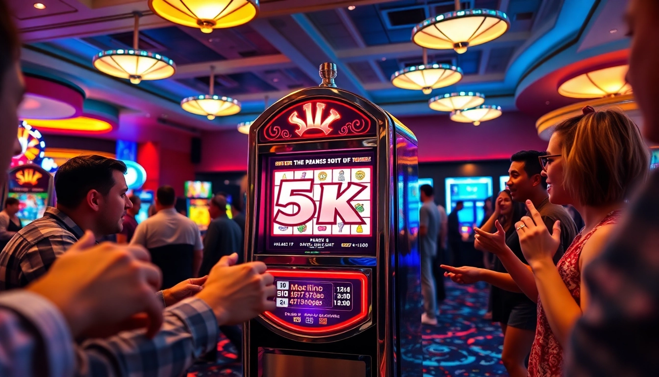 Mainkan slot 5k di mesin kasino yang cerah dan penuh warna.