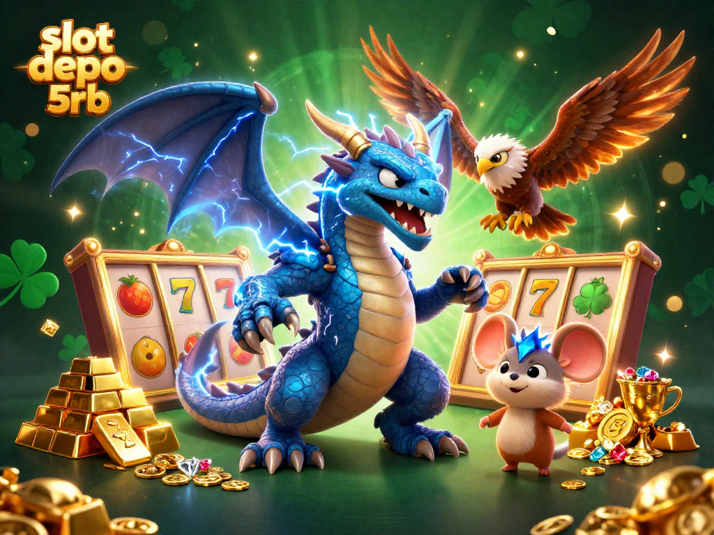 Experience thrilling action with slot depo 5rb in this vibrant 3D illustration showcasing dynamic casino elements.
