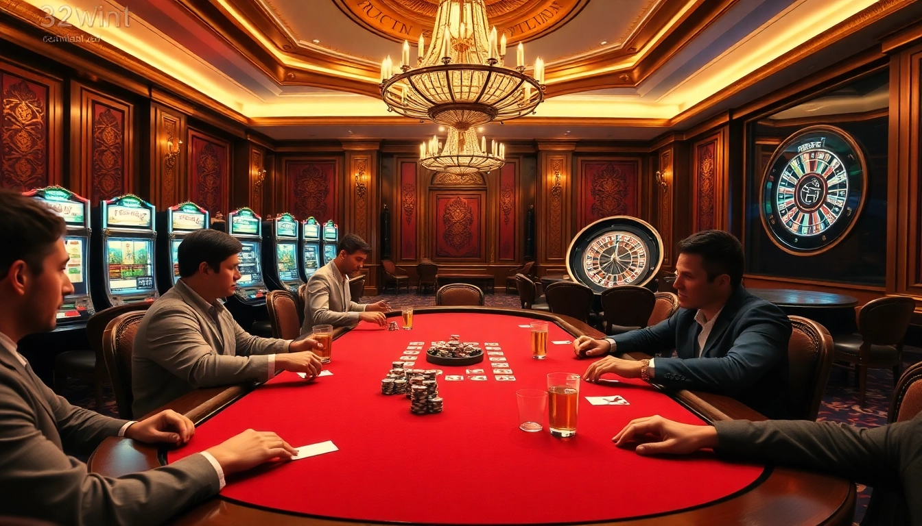 Exciting poker game scene at a stylish casino related to http://32win11.net/, showcasing high-stakes betting action.