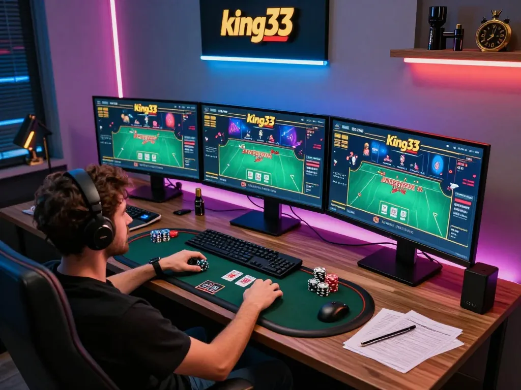 Engaging online gaming scene featuring king33 on multiple screens with live dealer interaction and strategic elements