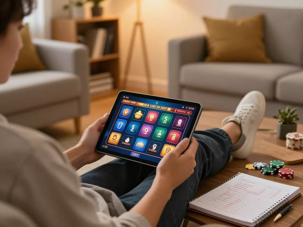 Engaging in online gaming at home with okfun app on tablet, showcasing a strategic approach.