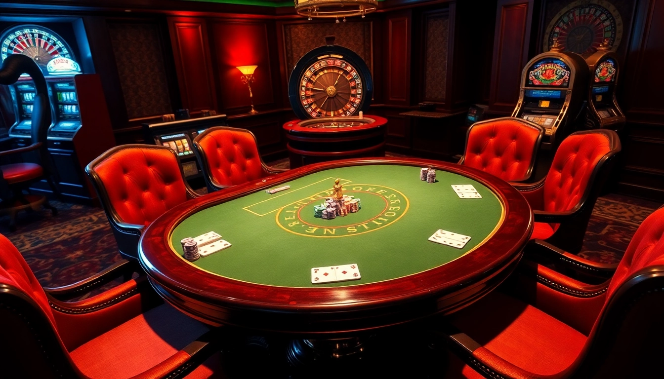 Players gathered around a vibrant poker table enjoying luck8 with colorful chips and cards.