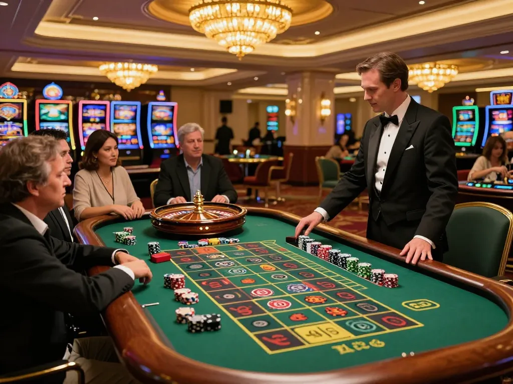 Engaged players at a roulette table in a vibrant casino setting, featuring https://goal123.ac/ for thrilling gambling experiences.