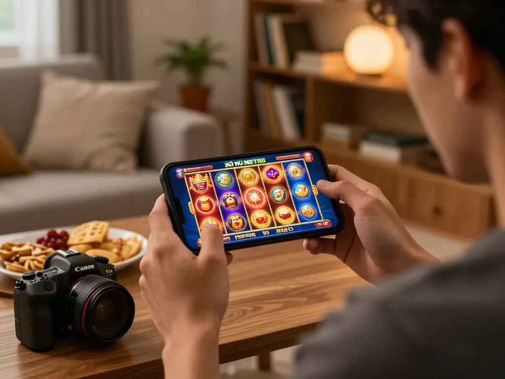 Nổ Hũ NET88 player spinning slots on smartphone in a cozy living room atmosphere