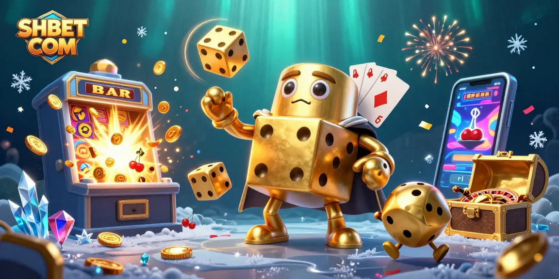 Join the fun and excitement at SHBET COM with our vibrant casino-themed illustration featuring golden dice and slot machines.