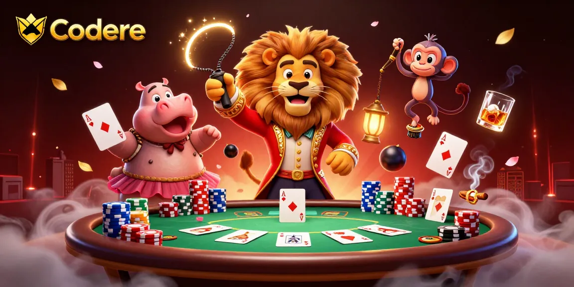 Codere brings excitement as the cartoon lion leads a lively casino scene filled with poker elements.