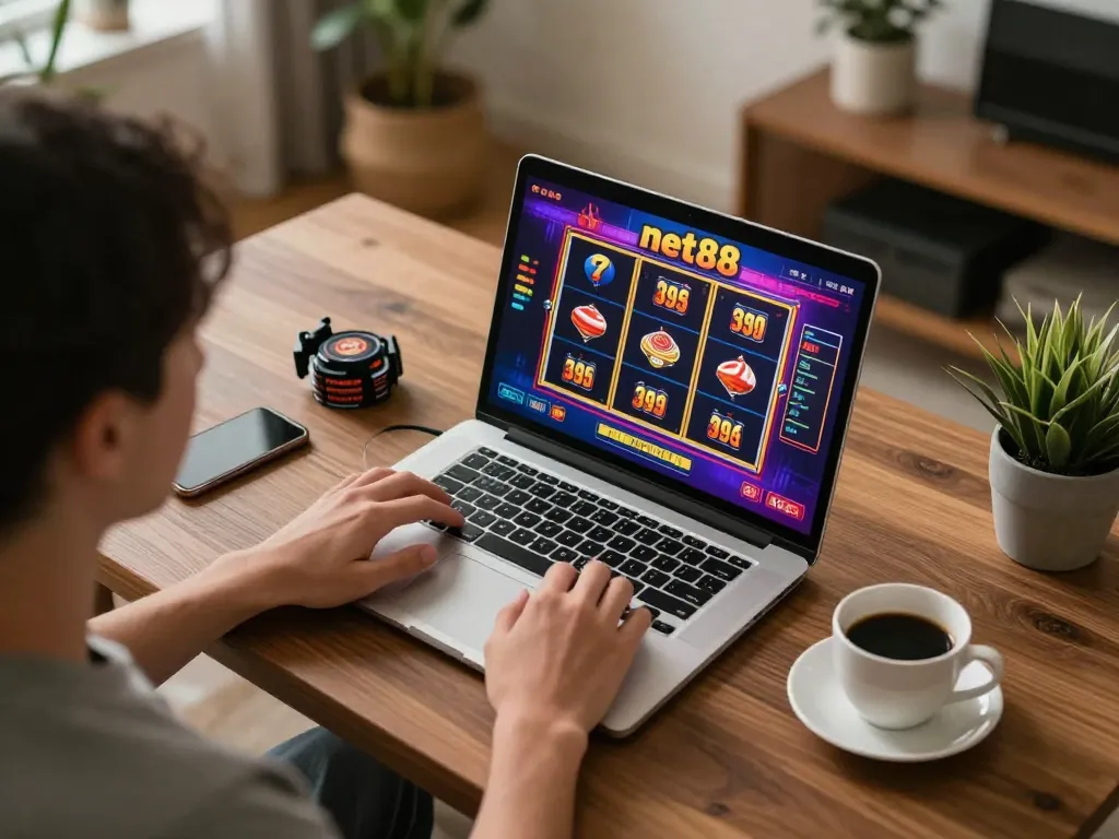 Engaged player enjoying net88 casino games on a laptop, cozy home environment with vibrant gaming interface
