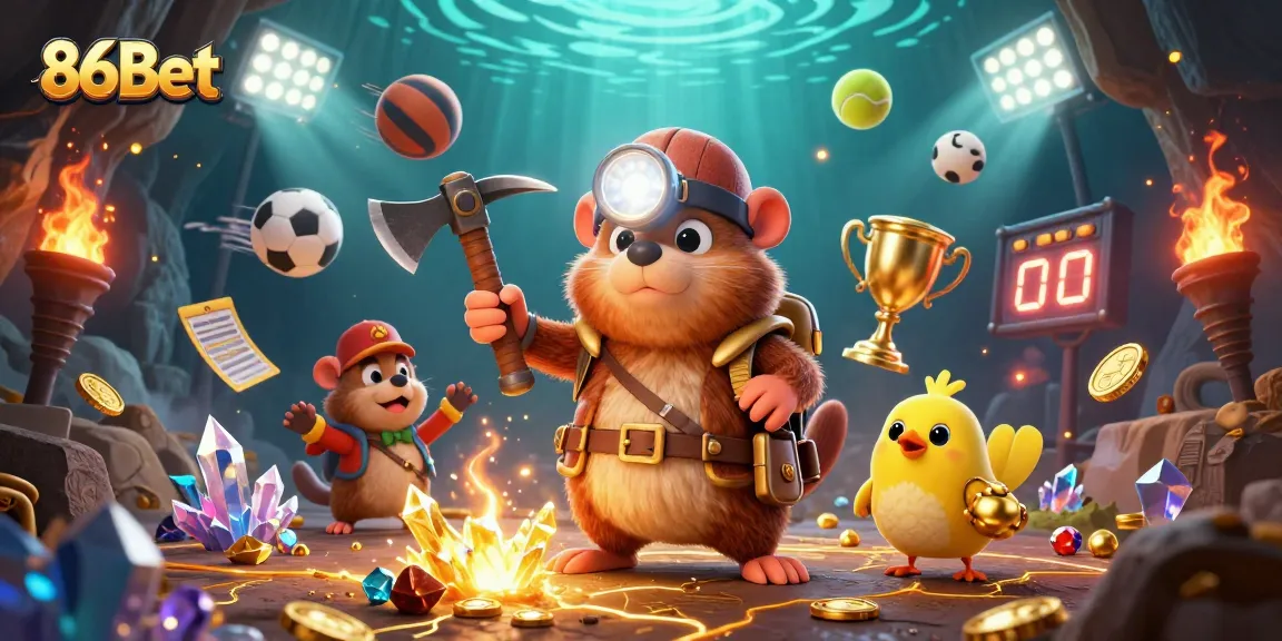 Engage with 86Bet featuring a vibrant 3D scene full of colorful sports elements and treasure details.