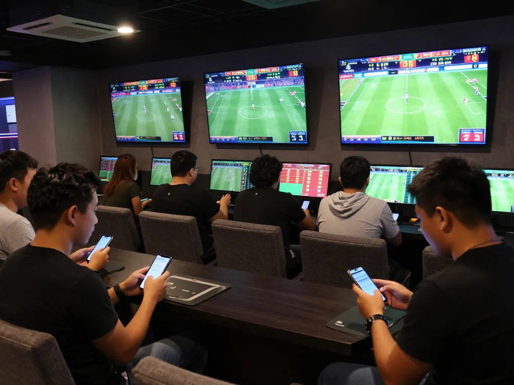 Sports betting excitement at Keonhacai5 with enthusiasts engaging through live betting on smartphones.