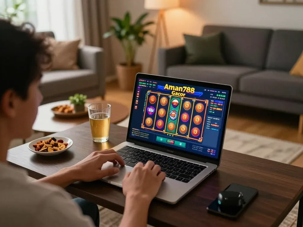 Engaging player spinning aman788 slot gacor slot reels on a laptop in a cozy living room.