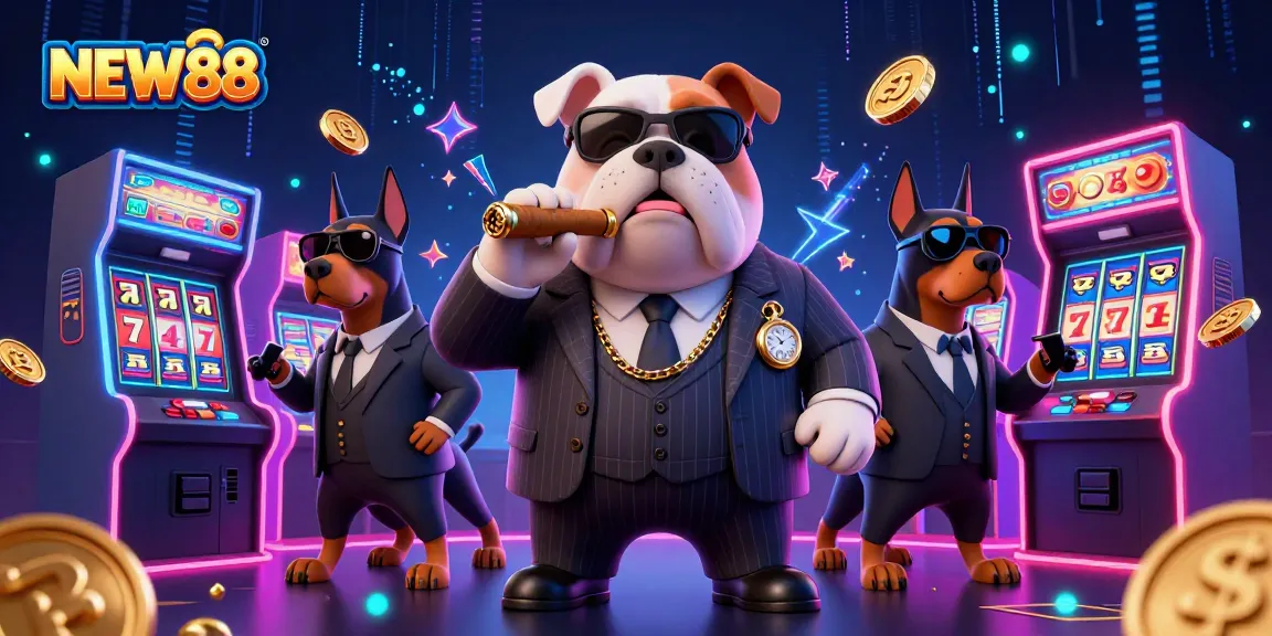 Experience the thrill of NEW88 casino with a lively 3D scene featuring a mafia boss and game machines.