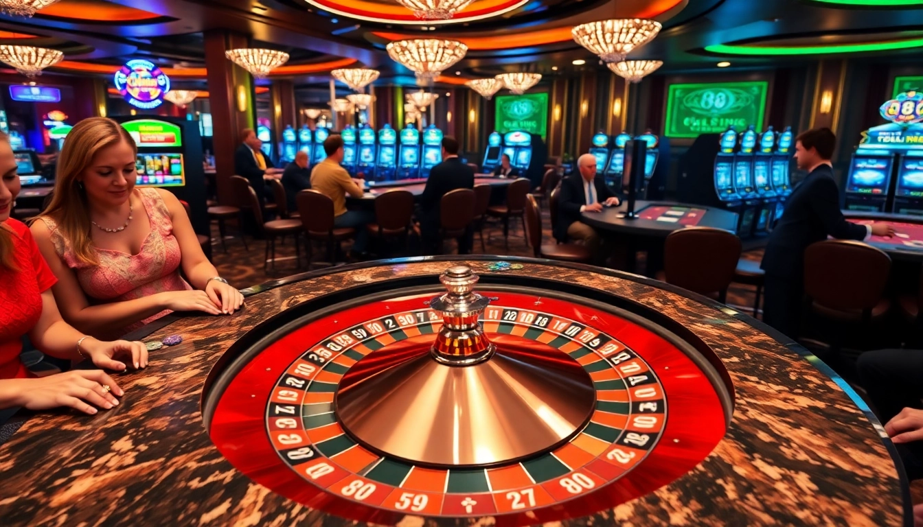 Exciting gambling scene showcasing 88i's vibrant roulette table and poker activities.