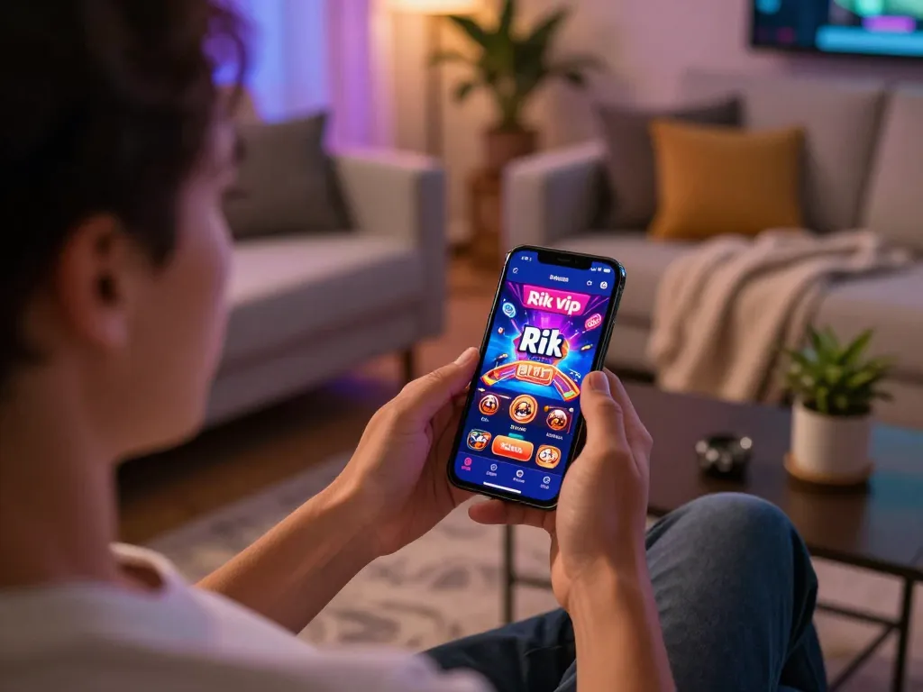 Online player using the Rik vip app on a smartphone in a cozy living room setting.
