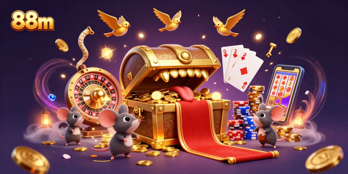 Engage with 88m as adventurer mice explore a treasure chest in a vibrant casino scene.