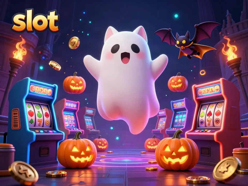 Slot menghibur dengan karakter kucing hantu dan mesin slot di kasino berhantu.