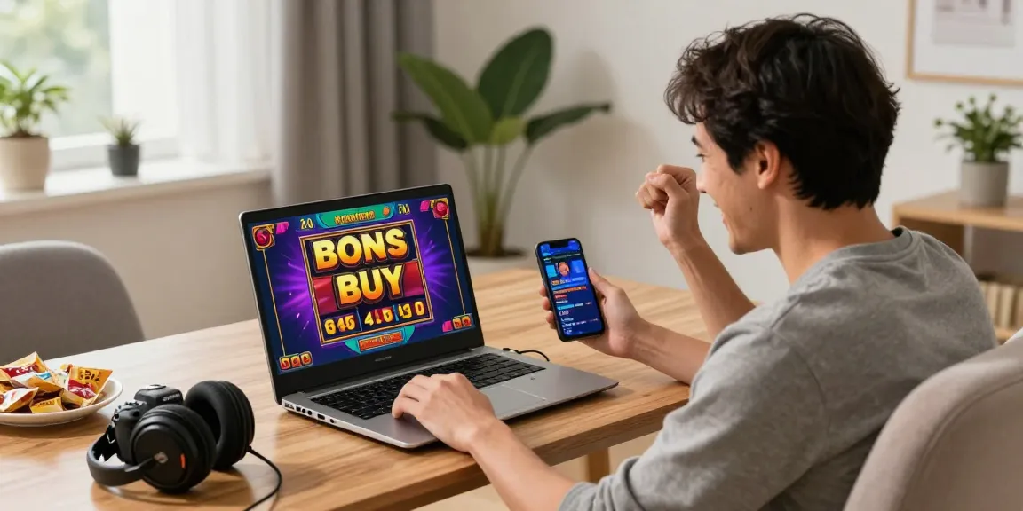 Player celebrating a win with bonus buy slots on a laptop, vibrant graphics, cozy gaming setup.