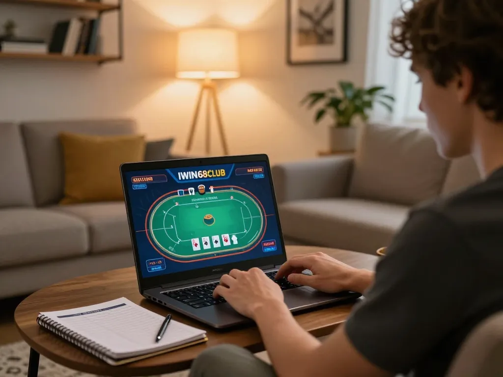 IWIN68 CLUB player engaged in an intense poker game on laptop in a cozy home