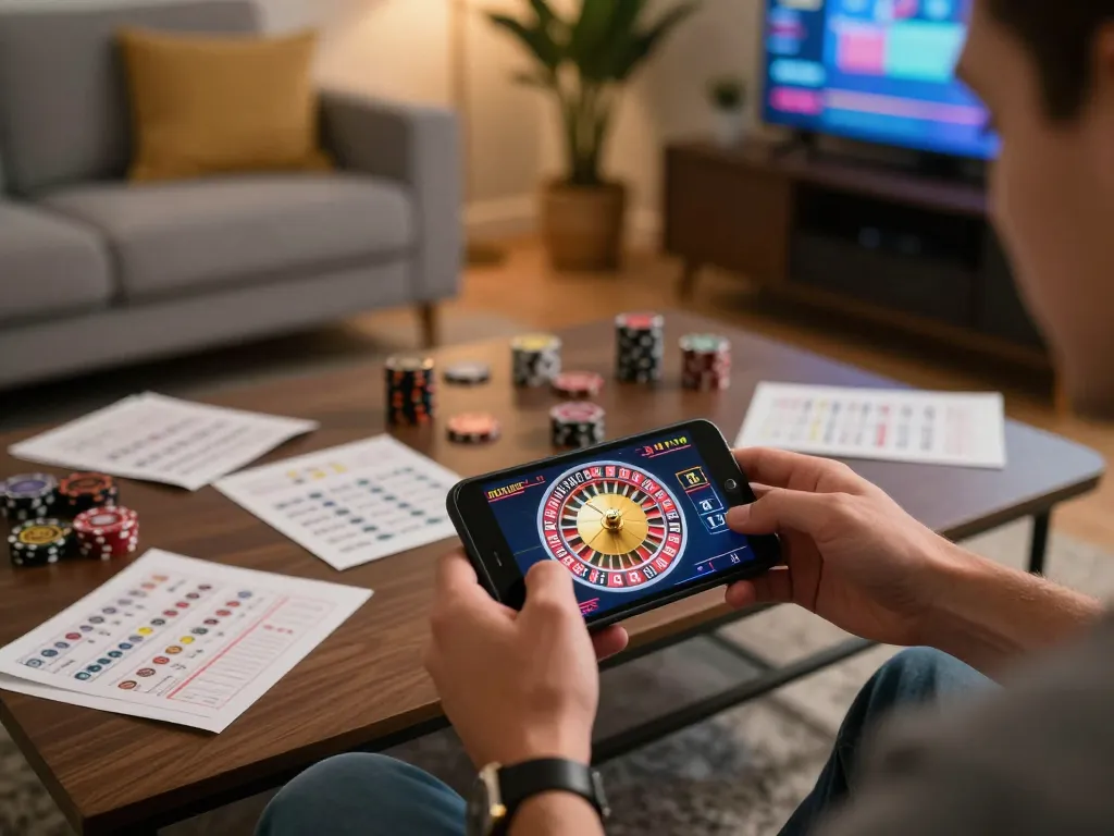 Engaging gameplay on https://luck8.review/ featuring smartphone roulette game in stylish home setup.