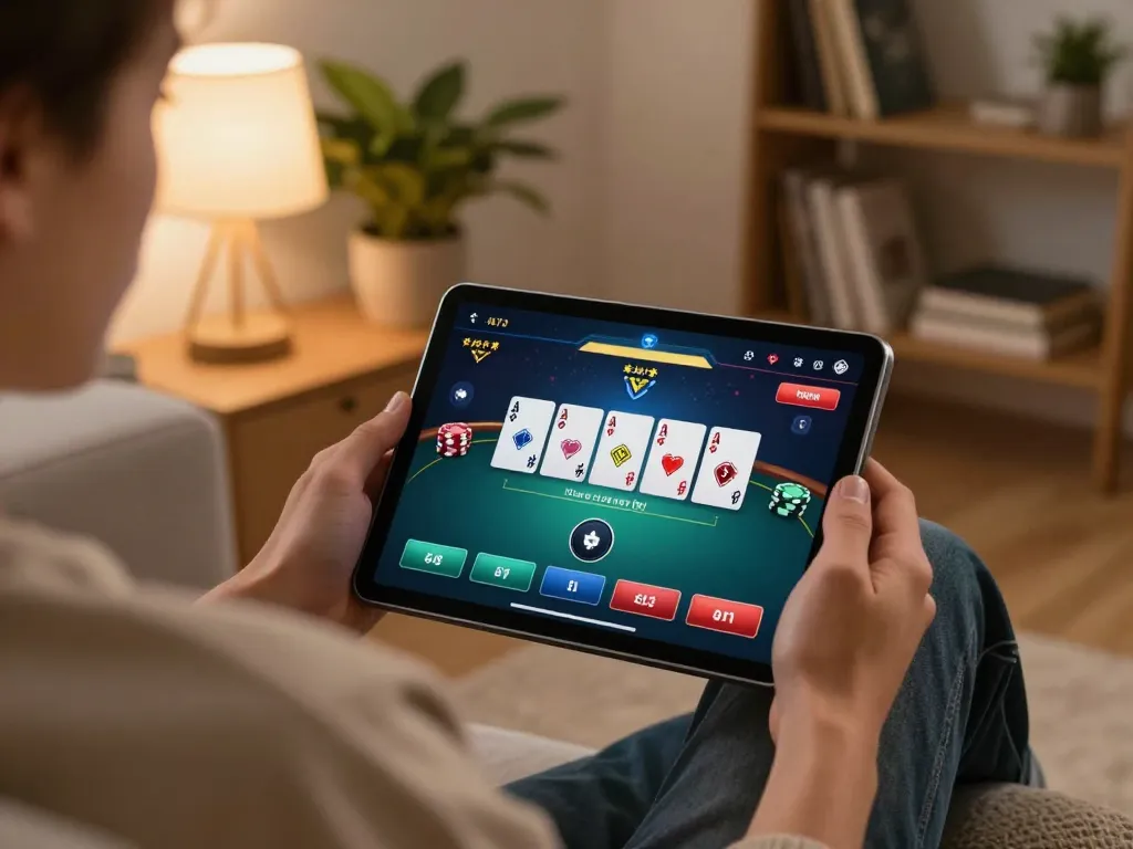 Iwin player strategizing during online poker game with cards and chips visible.