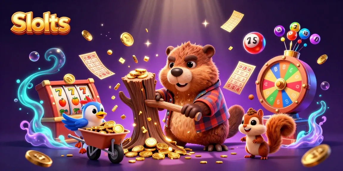 Slots scene featuring a lumberjack beaver, bird, and squirrel collecting golden coins amidst dynamic gaming elements.