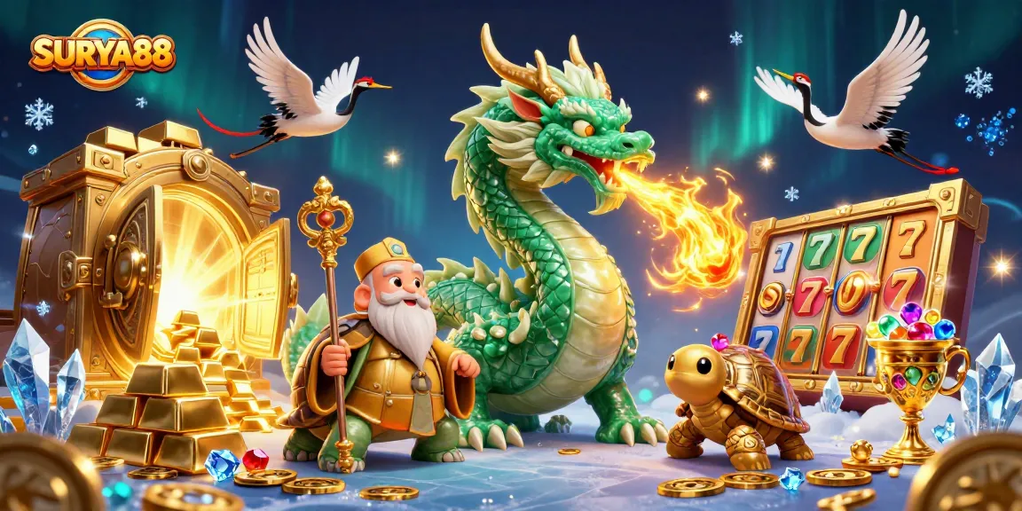 SURYA88 showcases a vibrant scene with a jade dragon, turtle sage, and slot reels emitting golden treasures