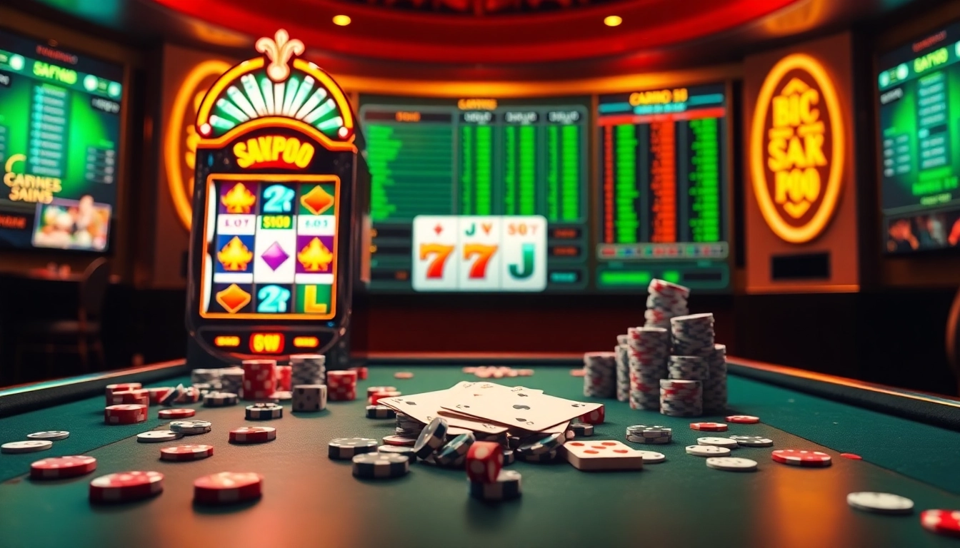 Engage with bro138's thrilling slot machines in a luxurious casino setting, showcasing vibrant colors and gaming excitement.