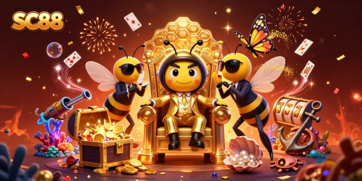 Engage with SC88, the dynamic bumblebee mob boss in a casino-themed 3D illustration filled with vibrant elements.