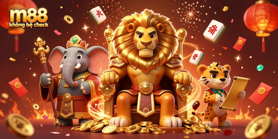 Chơi m88 không bị chặn với vua sư tử, cố vấn voi và sứ giả báo trong cảnh casino sống động.
