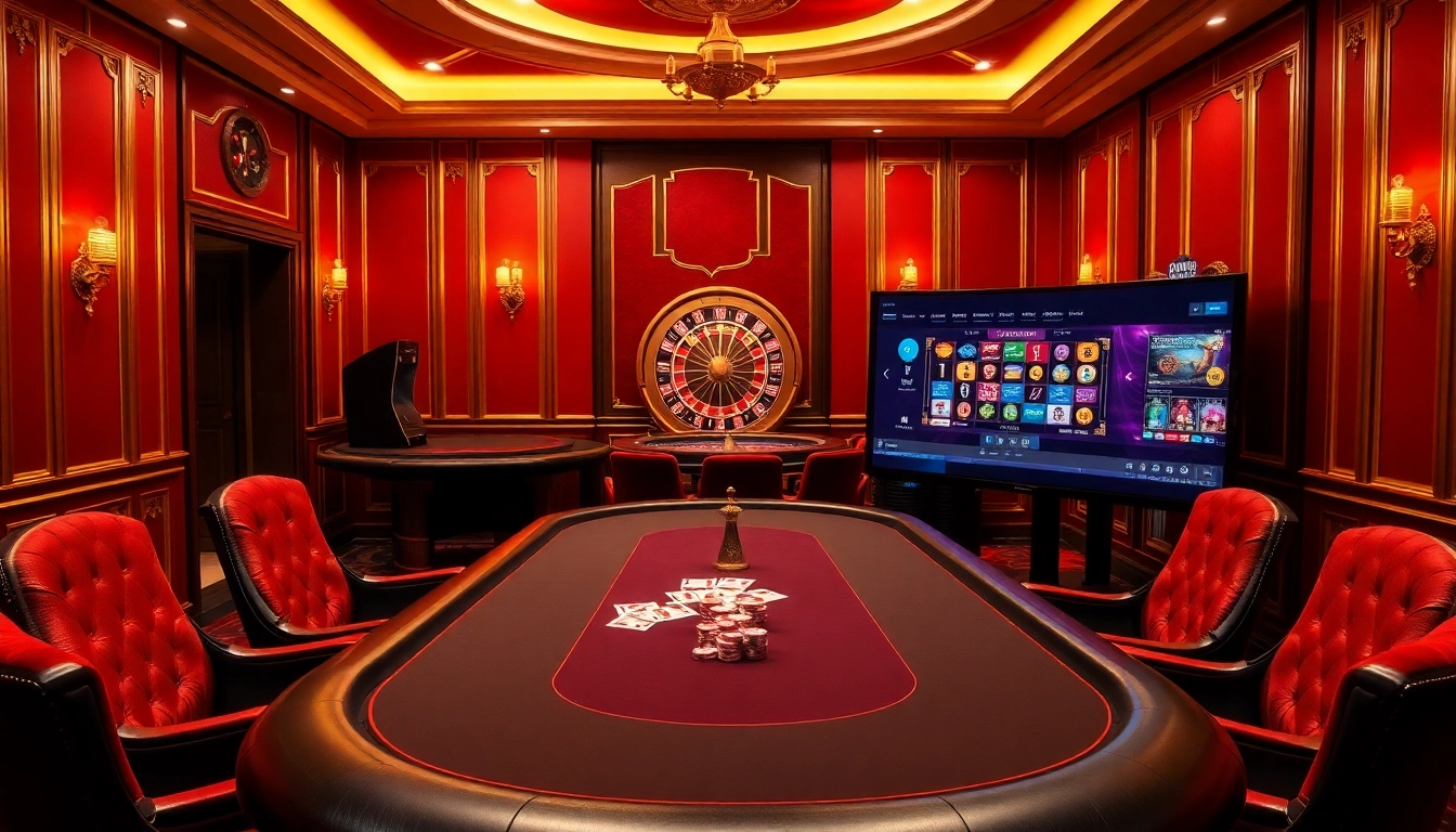 Experience the thrill of home eejl with an opulent online casino setting featuring poker and roulette.