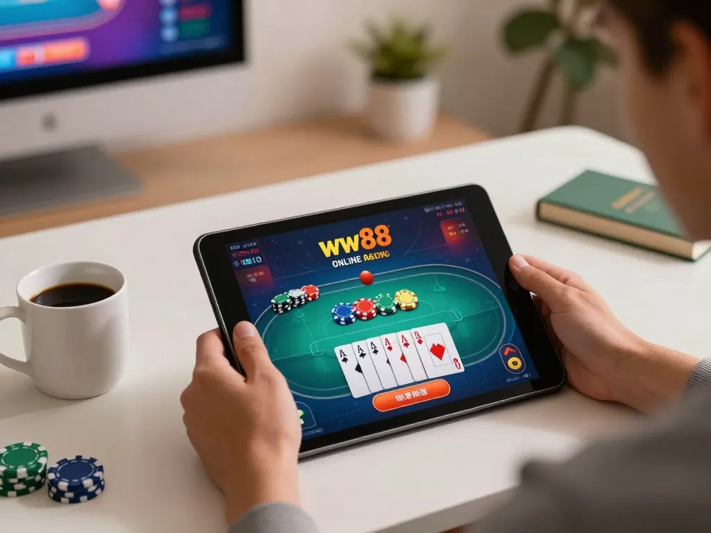 Engaging moment at ww88 online casino with player interacting with poker game on a tablet