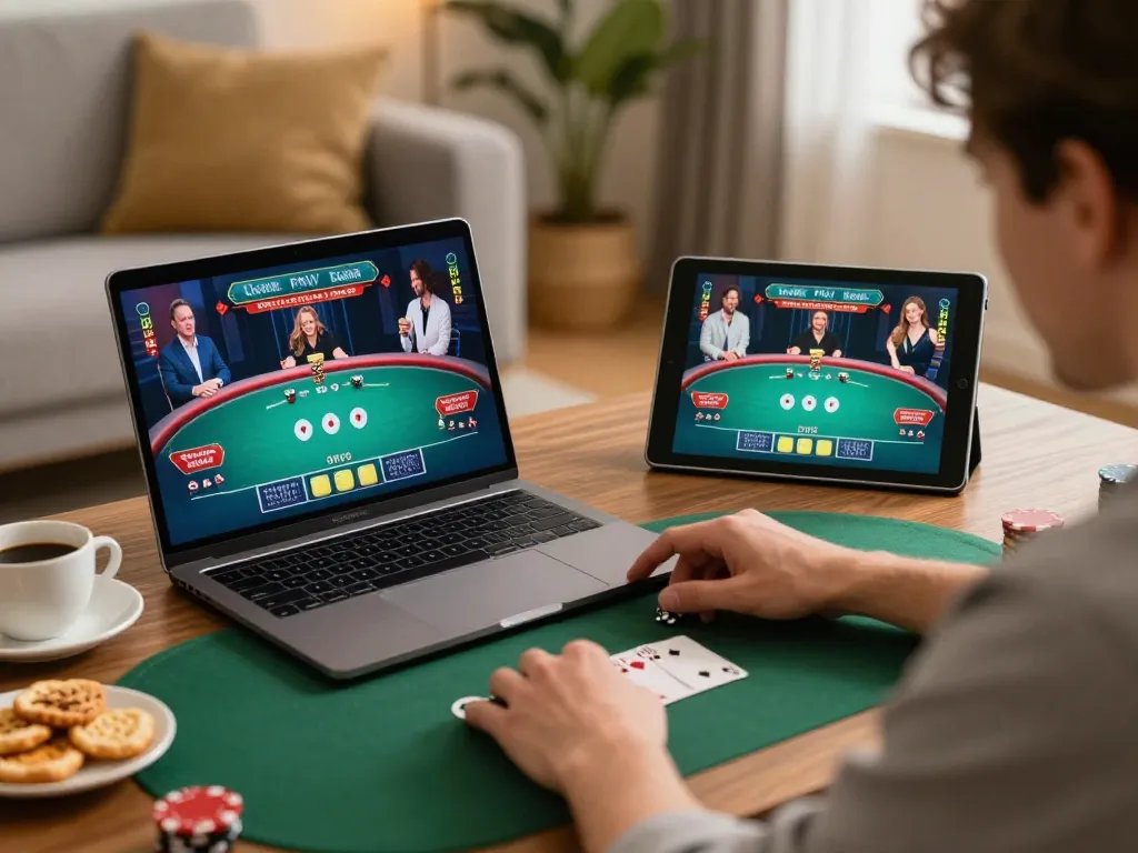 Playing online poker on SC88 with a cozy home setup, showcasing strategic gameplay and responsible gaming