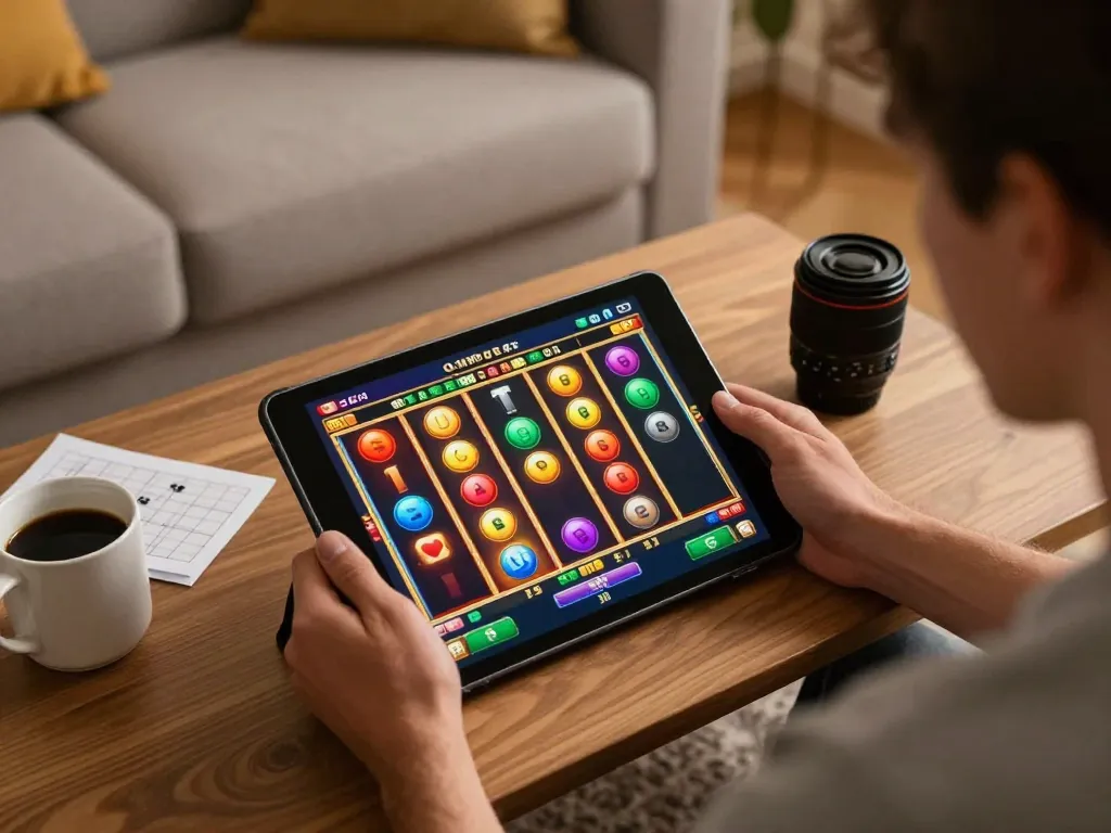 Engaging in olympus slot action on a tablet with vibrant graphics and warm setting