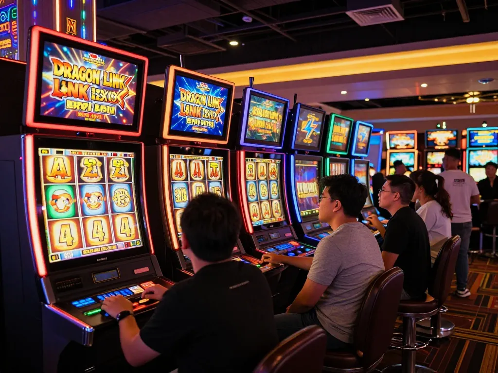 Engaged players watching the link slot machines spin for a winning combination in a lively casino environment.