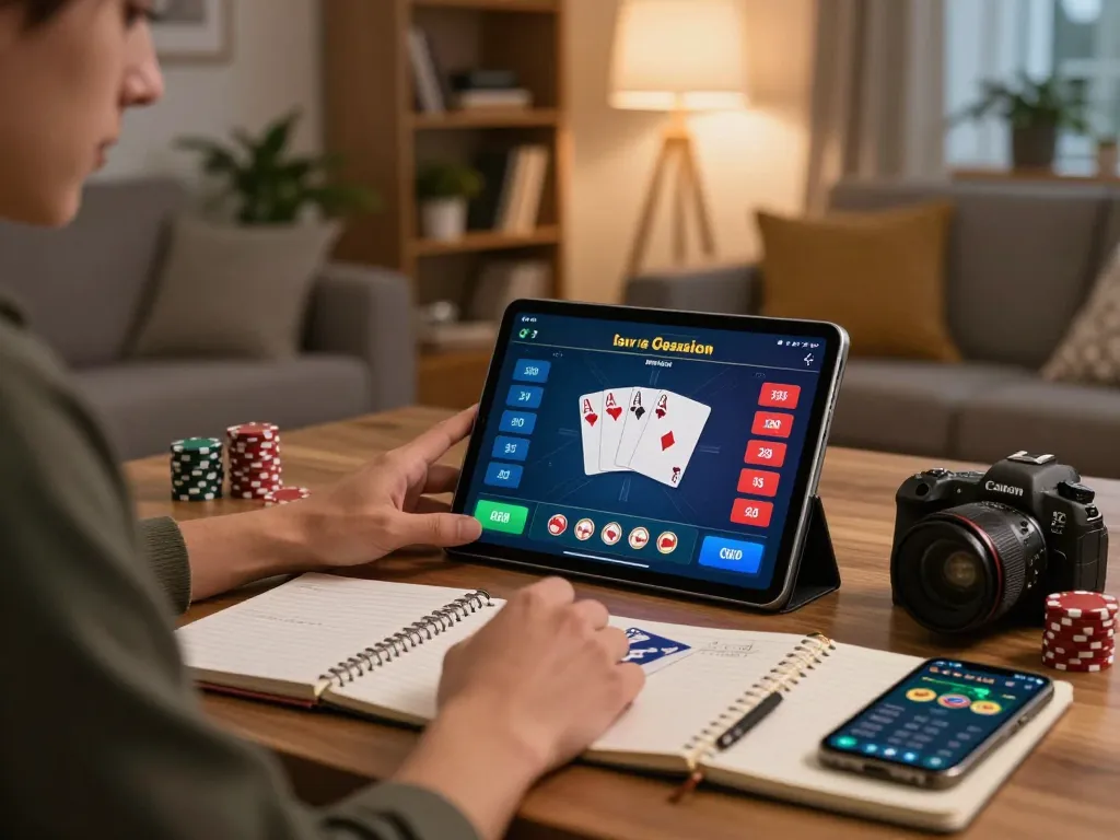 Player focused on langit777 poker game on tablet in cozy home environment, showcasing strategic gameplay.